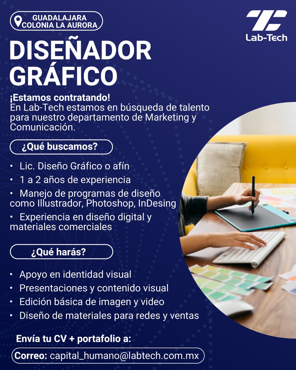 LabTechMexico's tweet photo. 🎨 Buscamos Diseñador(a) Gráfico en Lab-Tech

Si te gusta el diseño digital y trabajar en proyectos con retos constantes, esta oportunidad es para ti.

📍 GDL | Presencial
📩 capital_humano@labtech.com.mx

#Vacante #DiseñoGráfico #Trabajo https://t.co/ThJFL1p7Qq