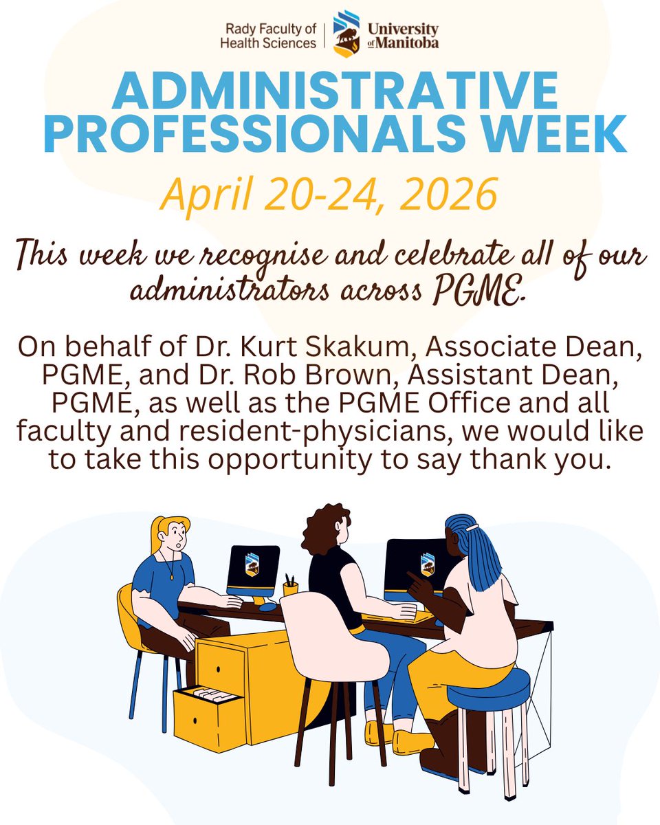 UofMPGME's tweet image. It's Professional Administrative Appreciation Week!

This week, we proudly recognise and celebrate our professional administrative teams for their dedication, expertise, and unwavering support to medical education.

#PGME #UManitoba #MedEd #AdminProfessionalsWeek #ThankYou