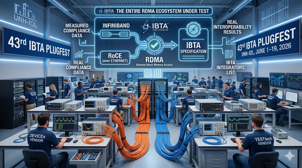 InfiniBandTrade's tweet photo. If it runs RDMA, we test it here.
The 43rd IBTA InfiniBand + RoCE Plugfest → June 1–19, 2026 at UNH-IOL.
https://t.co/UjWnInAoYW https://t.co/x9xwvmV7sS