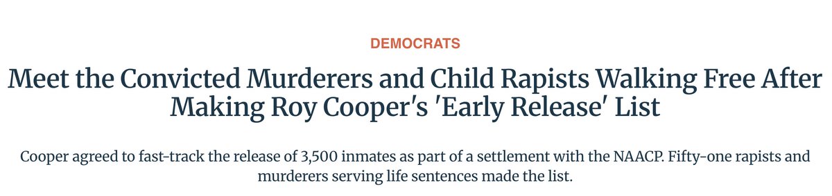 MomsSafe's tweet photo. Soft on crime Democrat @RoyCooperNC released 51 rapists and murderers and put them back on North Carolina streets. https://t.co/YUYm3hMkYh