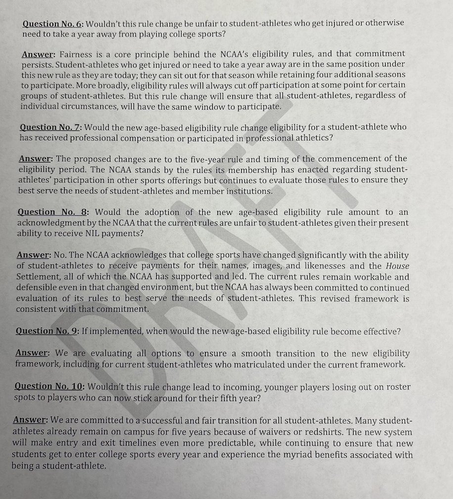 RossDellenger's tweet image. In an email sent today to member schools, NCAA president Charlie Baker attached a three-page document outlining the association’s age-based, 5-year eligibility concept, along with a Q&amp;amp;A. It does not specifically address grandfathering current athletes.