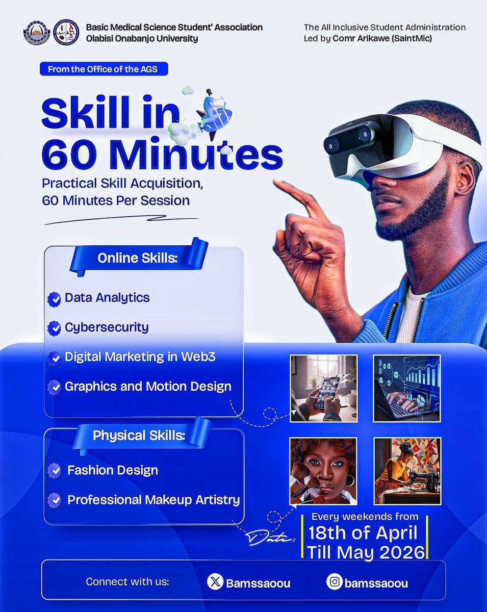 BamssaOOU's tweet photo. Upgrade your skills in just 60 minutes โฑ๏ธ๐ฅ
Learn. Grow. Earn.
Join us every weekend starting April 18th ๐ผโจ
Donโt just studyโฆ get skilled ๐ก
#SkillIn60Minutes #BAMSSA #LearnAndEarn #StudentLife #UpgradeYourself https://t.co/tUrYhiLIOf