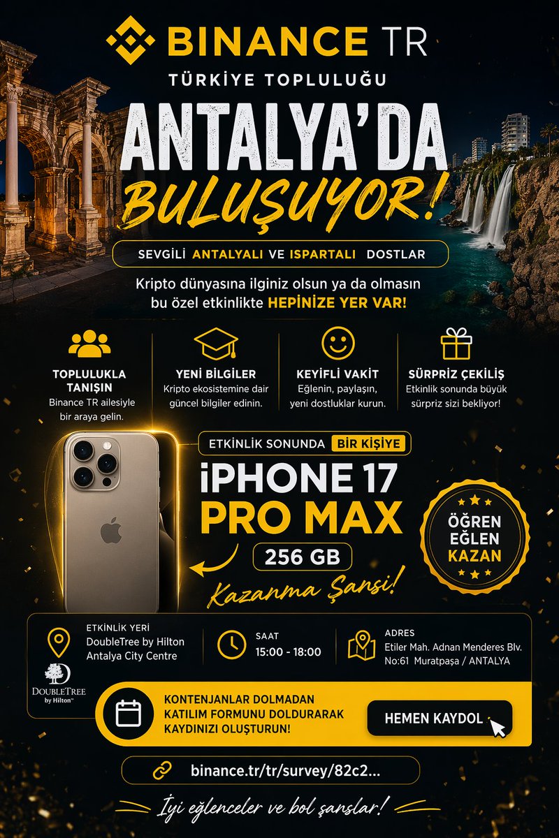 #Antalya &amp; #Isparta, hazır mısınız?

#Kriptoya ilginiz olsun ya da olmasın, bu etkinlik tam size göre! 
#BinanceTR topluluğu Antalya’da buluşuyor!

Yeni insanlarla tanışmak, kripto ekosistemine dair güncel bilgiler edinmek ve keyifli bir gün geçirmek isteyen herkesi bekliyoruz 👇