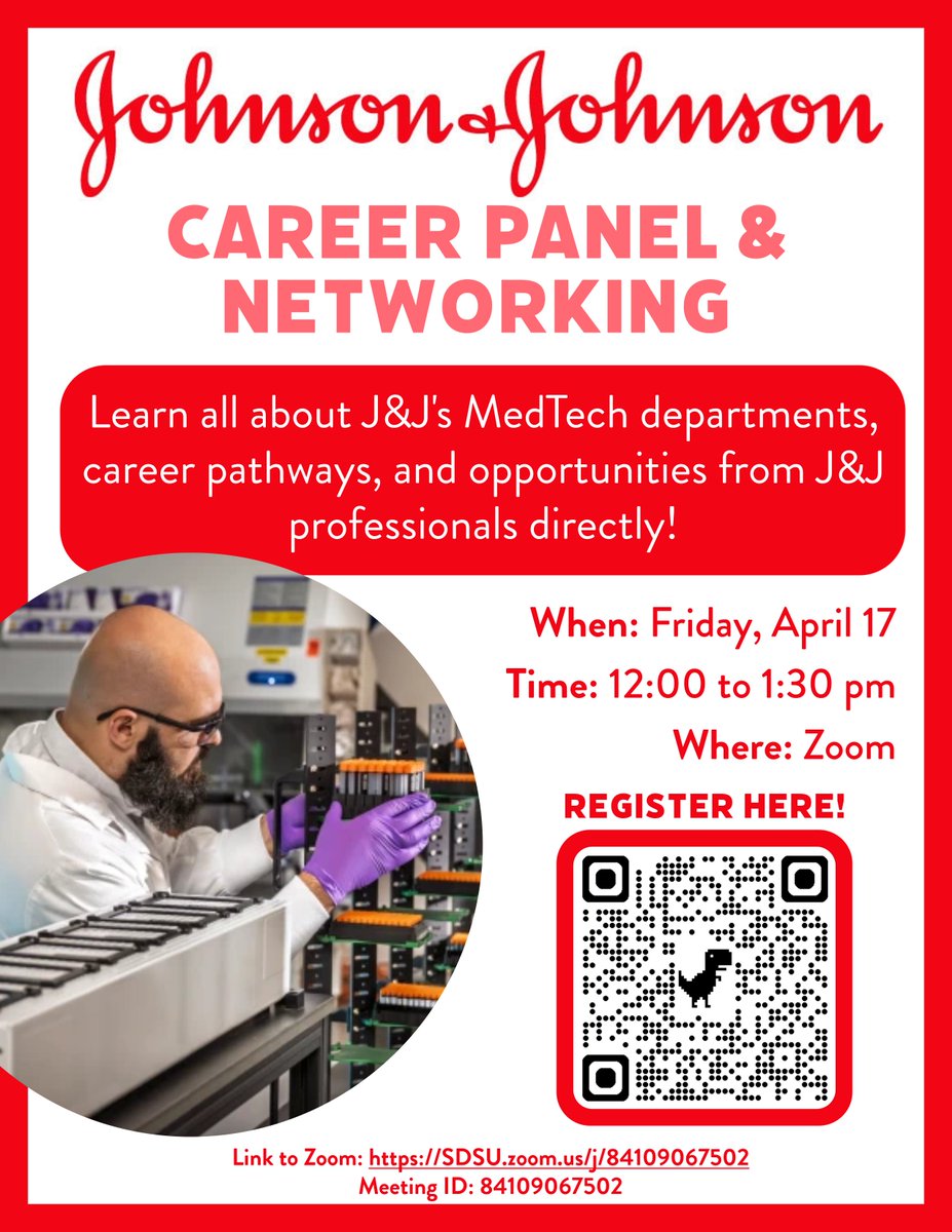 SDSUEngineering's tweet image. Join us for the Johnson &amp;amp; Johnson Careers Panel! 💼✨ Hear from industry professionals, gain career insights, and explore opportunities in engineering and beyond. Don’t miss your chance to connect and learn!

#EngineeringCareers #JandJ #CareerGoals