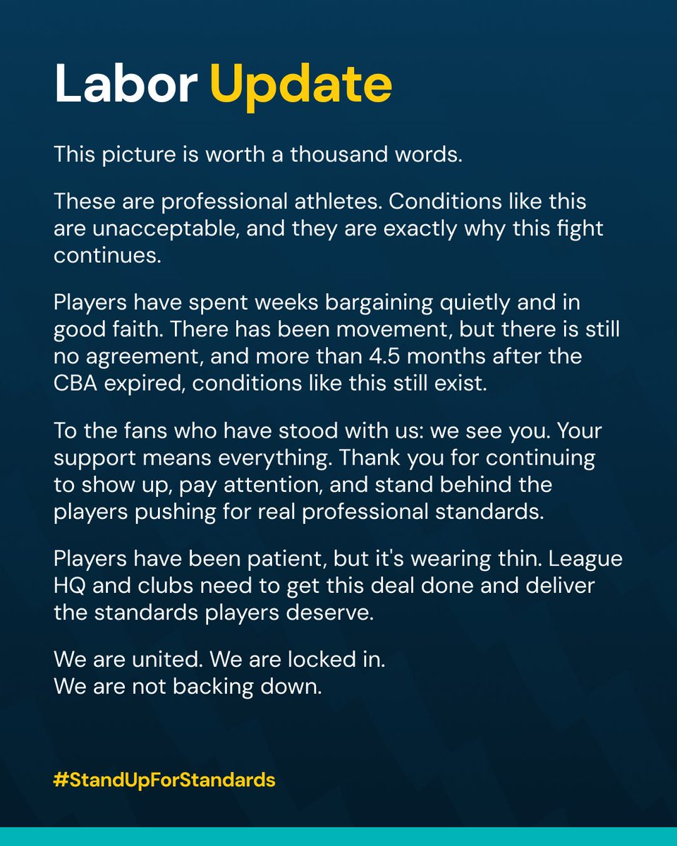 USLPlayers's tweet image. A picture is worth a thousand words.

Professional players. Substandard conditions.

This is why the fight continues.

Months after the CBA expired, there is still no deal and conditions like this still exist.

Players deserve better. Time to get this done.

#StandUpForStandards
