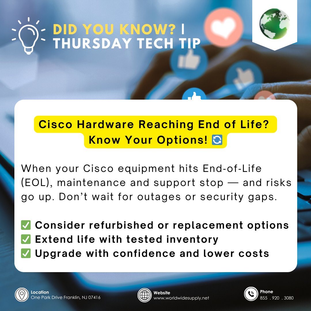 worldwidesupply's tweet image. Facing Cisco hardware End-of-Life? Don’t wait until it impacts your network. Learn your options to maintain performance, reduce risk, and plan your upgrades smartly. 🔧💻

#CiscoEOL #ITInfrastructure #NetworkUpgrade #RefurbishedIT #ITStrategy #DataCenter #TechTips #EnterpriseIT