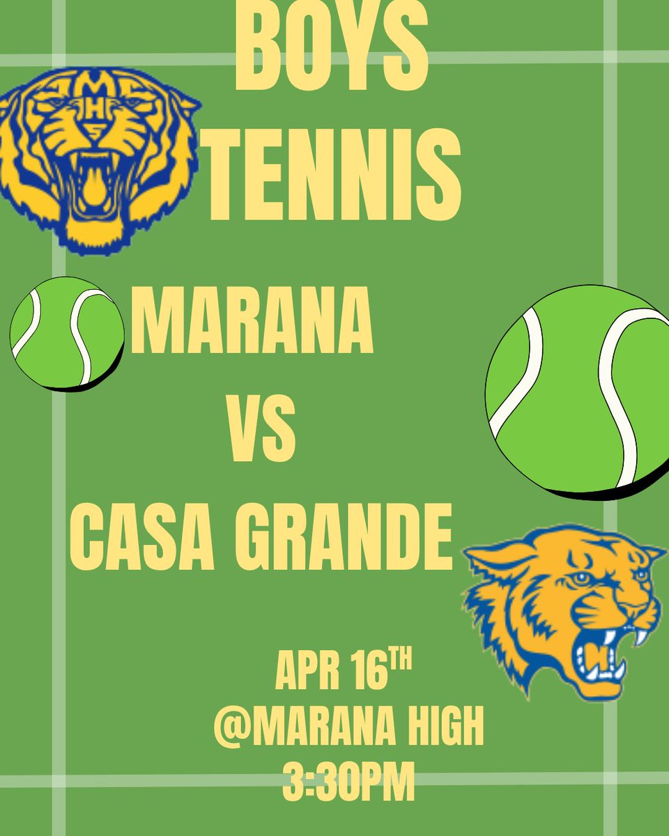 MaranaAthletics's tweet image. 🐯🎾Boys Tennis
vs. 🐈
⏰3:30
📍Marana High School
#tigerpride #fightformarana #mhstigers #maranaschools @MaranaSchools