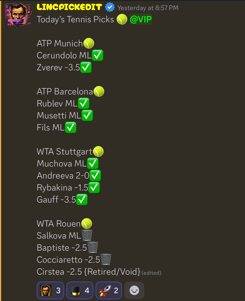 doncoleyjr's tweet image. Tennis Recap 9-3 / 75% 🎾
whop.com/lincpickedit 

ATP Munich Sweep ✅☢️🧹
ATP Barcelona Sweep ✅☢️🧹
WTA Stuttgart Sweep ✅☢️🧹
My VIP Slips Are Posted Daily ✅🔥
Whop VIP Discord Server Included‼️

#Gambling𝕏 #FreePicks #ATPTour #WTA