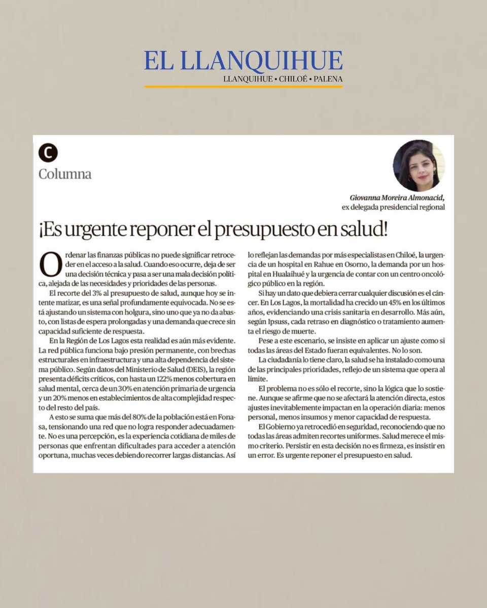 Giovimoreira's tweet photo. El #recorte del 3% en #salud no es un ajuste menor, es una mala decisión que va a terminar afectando directamente a nuestra región.

Escribí esta columna porque la realidad en Los Lagos es evidente, el sistema está al límite y las personas lo viven todos los días. https://t.co/rLfLEz3gal