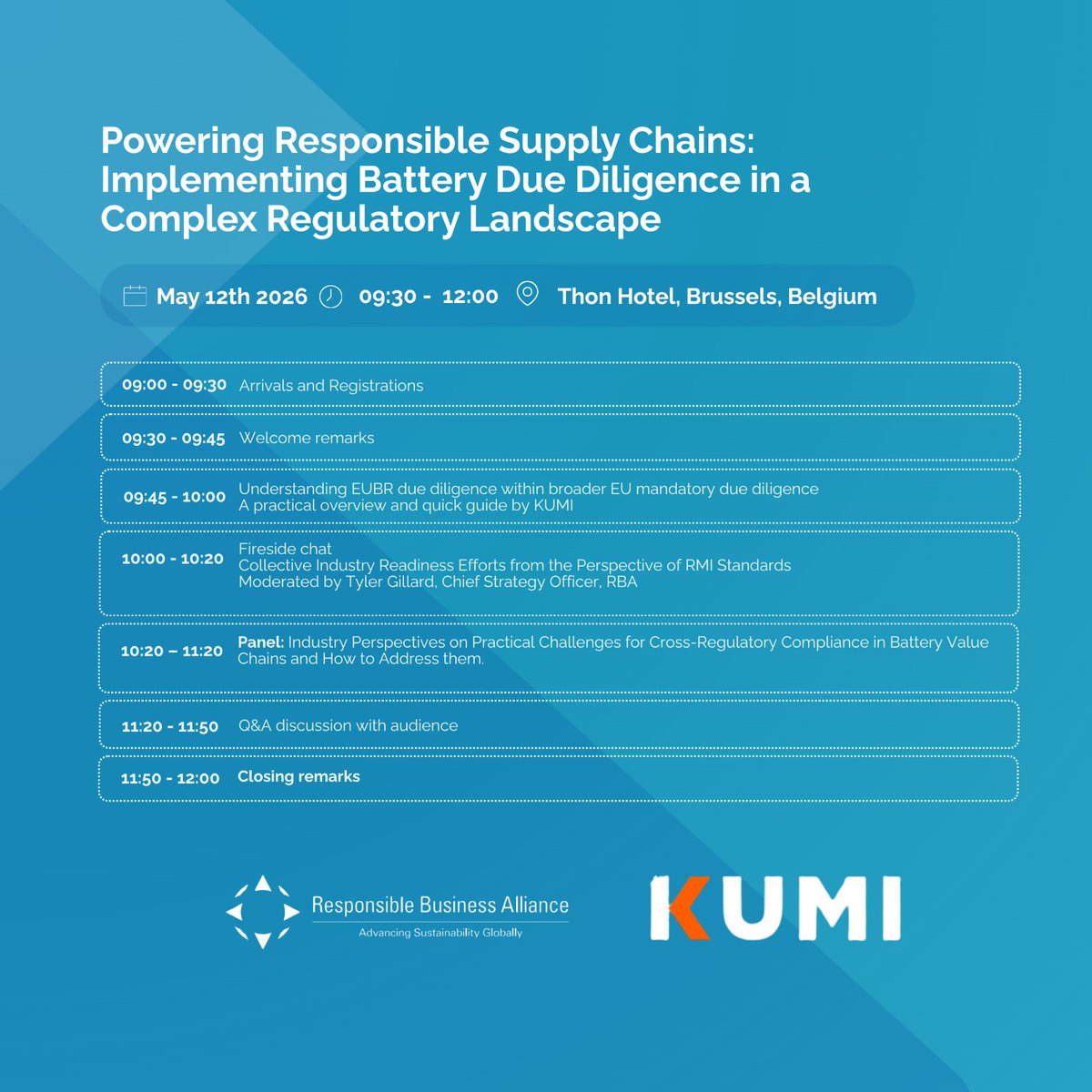RBAllianceOrg's tweet photo. Join the @RBAllianceOrg &amp; @KumiConsulting on May 12 in Brussels, Belgium for the event, "Powering Responsible Supply Chains: Implementing Battery Due Diligence in a Complex Regulatory Landscape." 

🔹Learn more: https://t.co/H36KMFIYhe

#Battery #SupplyChain #DueDiligence https://t.co/kYTTErQIfG