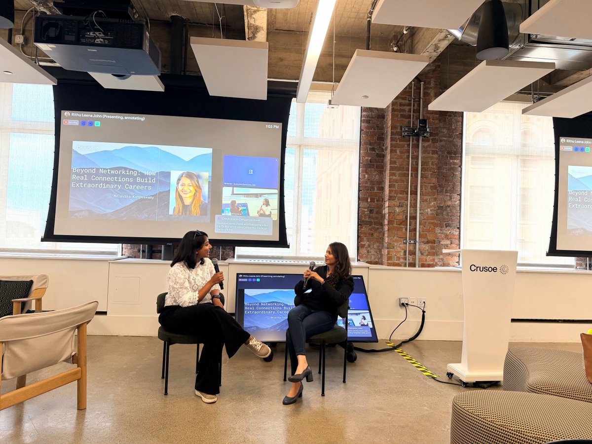 CrusoeAI's tweet image. Yesterday, Crusoe hosted #engineering leader Malu Kannuswamy in San Francisco for a #mentorship fireside chat.

📸 In conversation with our Sr Engineering Manager, Malu shared how to go beyond #networking and build lasting industry connections.

So lucky to learn from the best!