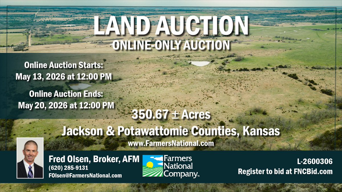 FarmersNational's tweet photo. #Land Auction!
Online only auction.
350.67 acres in Jackson &amp; Pottawatomie Counties, #Kansas.

Good #pasture for grazing with #recreational benefits! Excellent grass for #haying. Good #watersources with nice sized ponds.

🔗https://t.co/gtnvGzfkQ1 https://t.co/GZNGZvePci