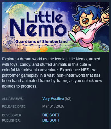 diesoftgames's tweet photo. The Steam reviews for Little Nemo are now officially "Very Positive" at 94%! 🎉
I'm really blown away by how well received it's been so far. 😊 https://t.co/YsQrywMkrr