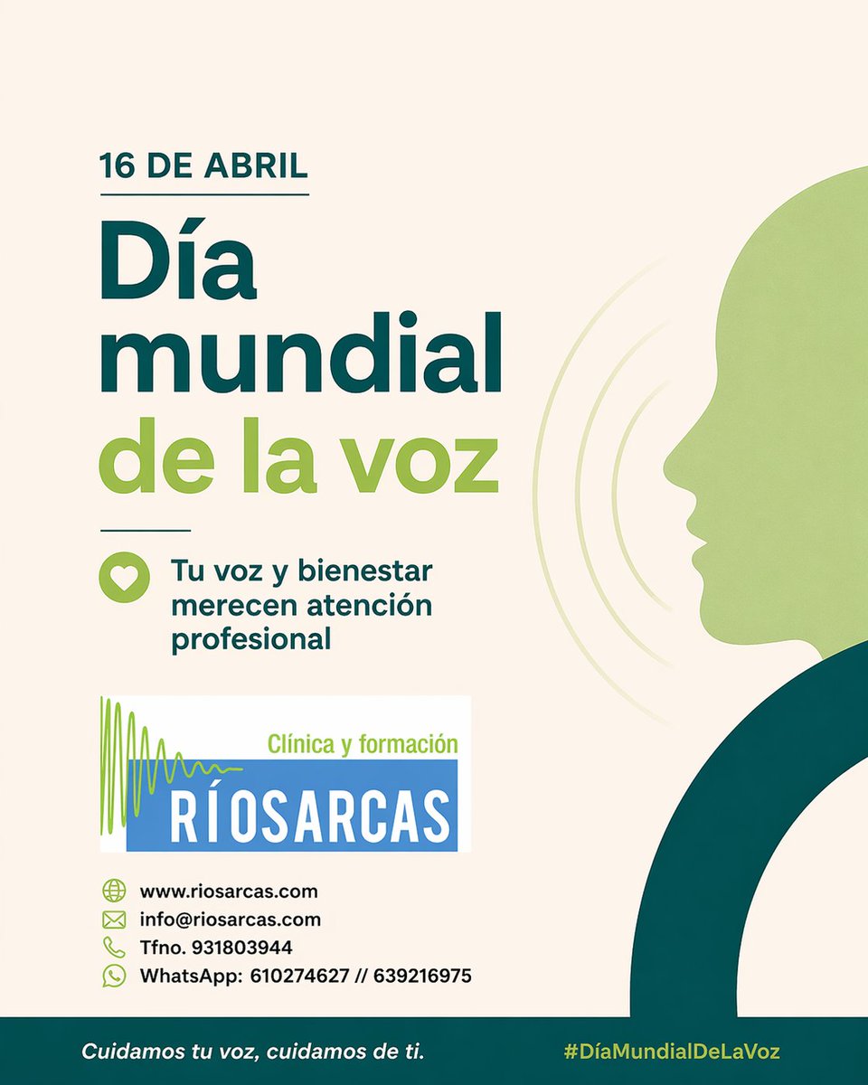 riosarcas's tweet photo. Con la voz hablamos, trabajamos, cantamos, enseñamos, emocionamos y nos relacionamos con los demás.
Cuidarla también es cuidar de ti.
En RÍOSARCAS te ayudamos a hacerlo con atención profesional y cercana.
Tu voz y tu bienestar merecen atención profesional.
#DíaMundialDeLaVoz https://t.co/5FyzJ4ELEq