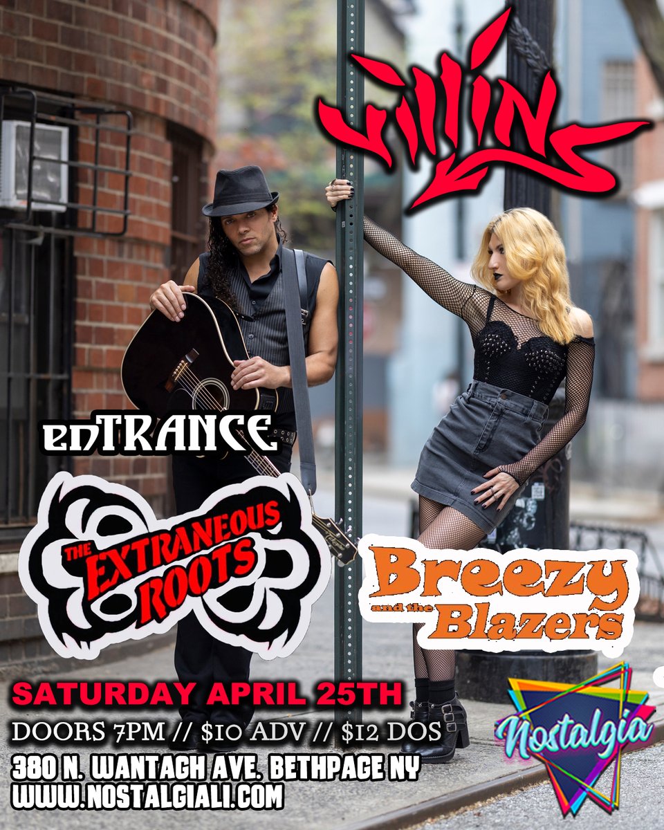 NostalgiaBarLI's tweet photo. SATURDAY, APRIL 25TH!!!
@VillinsOfficial w/ Breezy &amp; the Blazers, The Extraneous Roots &amp; enTRANCE!
Doors open 6:30PM! https://t.co/EzeAnEa8VF
