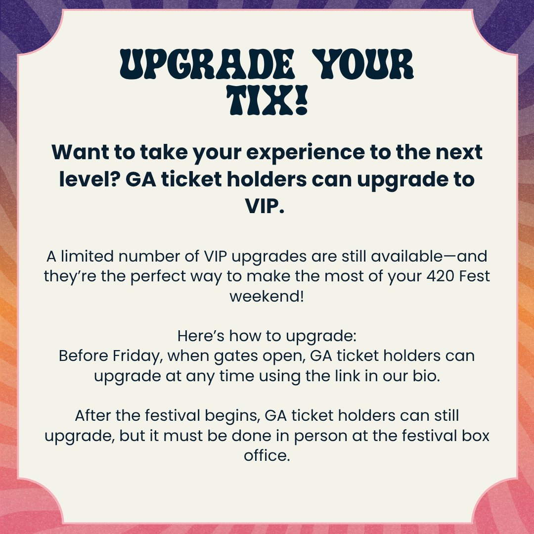 420fest's tweet photo. Back again with more info you should probably know before you go. Schedules, ticket updates, food vendors, and more. Take a minute now so you can just vibe all weekend. Check out the full list of FAQs: https://t.co/Jsn2tKJfZe https://t.co/G02eaMZU5c