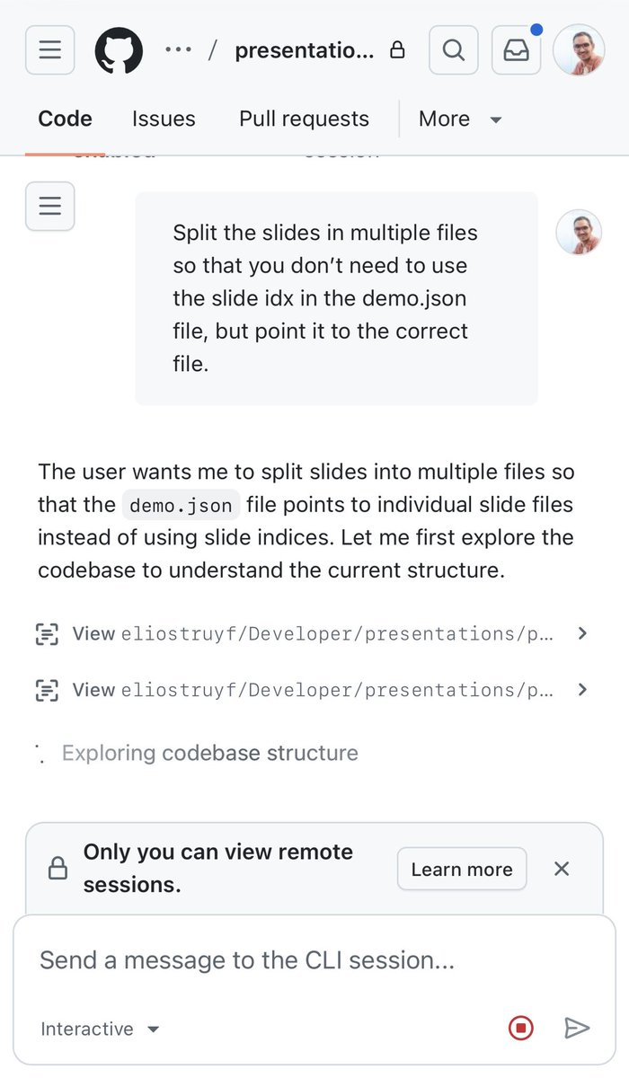 eliostruyf's tweet image. Testing out the remote GitHub Copilot session from my phone #copilot #github