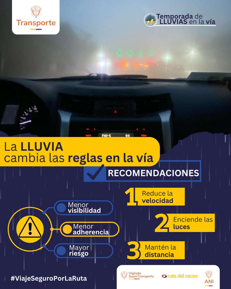 Si llueve, baja la velocidad.
Si hay neblina, enciende las luces.
Si hay deslizamientos, respeta las señales.

La lluvia cambia las reglas, un mensaje de la Concesionaria Ruta del Cacao.
#ViajeSeguroPorLaRuta 

<a href="/MinTransporteCo/">MinTransporte</a>
<a href="/Supertransporte/">SuperTransporte 🇨🇴</a>
<a href="/ansvcol/">Agencia Nacional de Seguridad Vial</a>
<a href="/ANI_Colombia/">Agencia Nacional de Infraestructura</a>