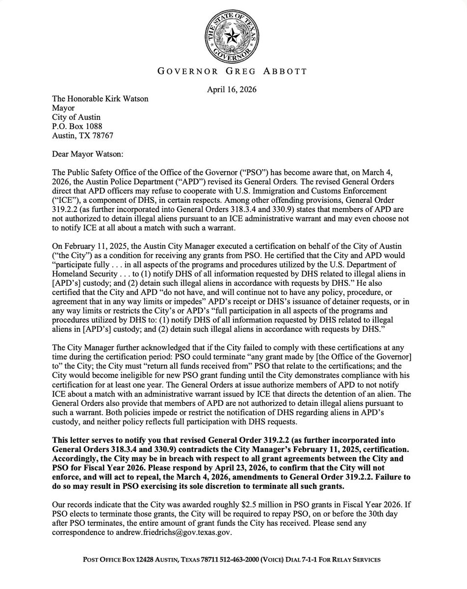 hollyshansen's tweet image. Breaking: @GregAbbott_TX's office has now notified #Austin of breach of agreement for state grants due to the city's policy on police cooperation with @ICEgov