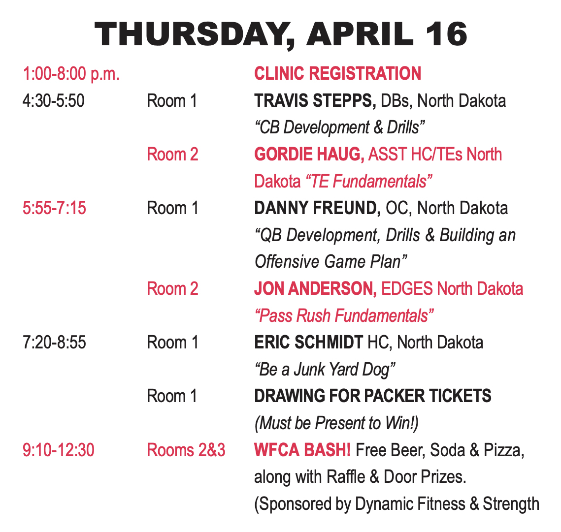 wifca's tweet image. Registration is underway for the WFCA Clinic and the speakers get underway in just over an hour. We're excited to welcome in the North Dakota staff, including our old friend Danny Freund.