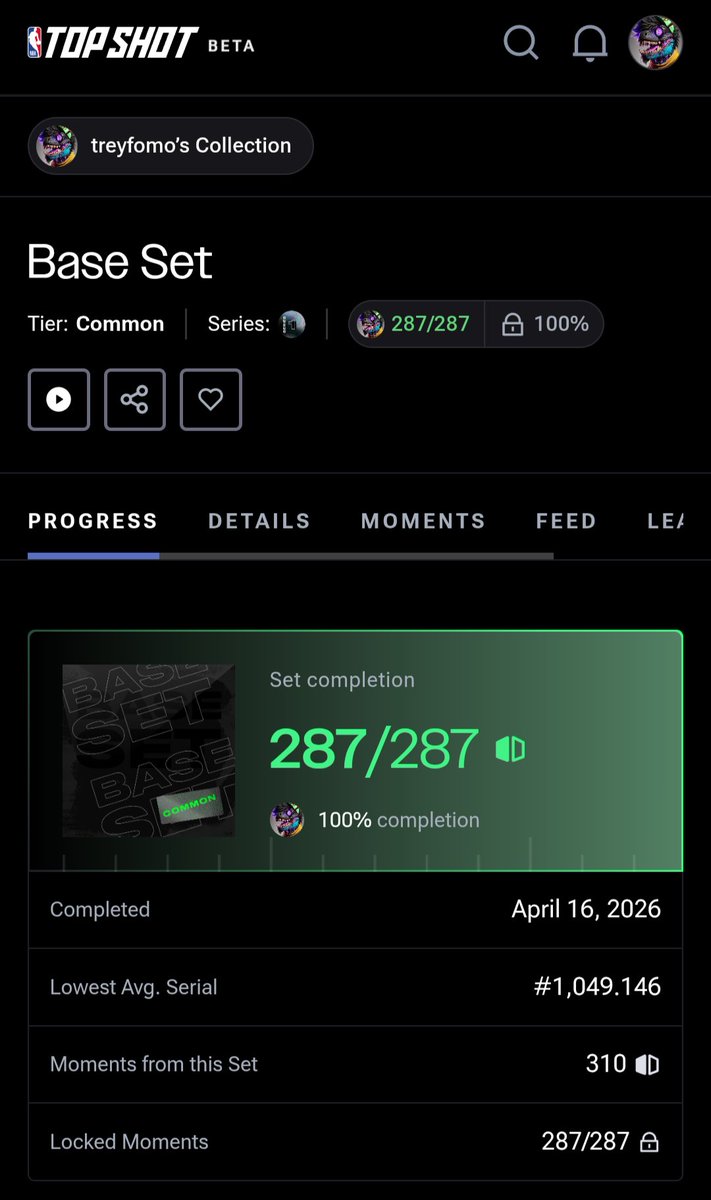DegenBobs's tweet photo. With a lot of grit, patience, help from frens and the community, I finally completed S1 Base set @NBATopShot ! I got the first four seasons covered now! 🌹Special shout out to @GreekFreakNFT and the @BizarreStarsNFT gang 😎 https://t.co/gAQ7LxmOmL