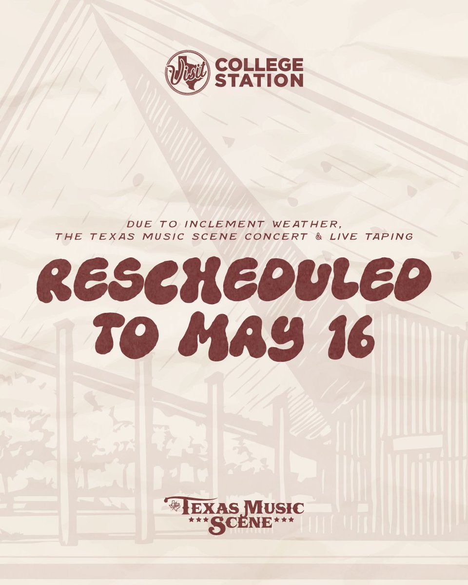The free live taping &amp; concert for the Texas Music Scene at Aggie Park has been rescheduled to Saturday, May 16, right after the Texas A&amp;M vs. Mississippi State baseball game. <a href="/VisitCSTX/">Visit College Station</a>
