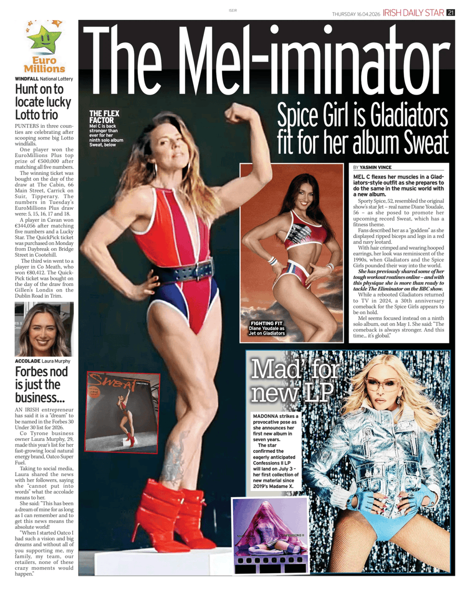 MelanieCNews's tweet photo. It’s April 2026.

Sporty Spice @MelanieCmusic and @Madonna side by side in newspapers. 

‘Sweat’ by @MelanieCmusic  drops May 1st - pre-order now: https://t.co/xXqjzmZJjX

4 singles already out! https://t.co/GVqb0cz2on