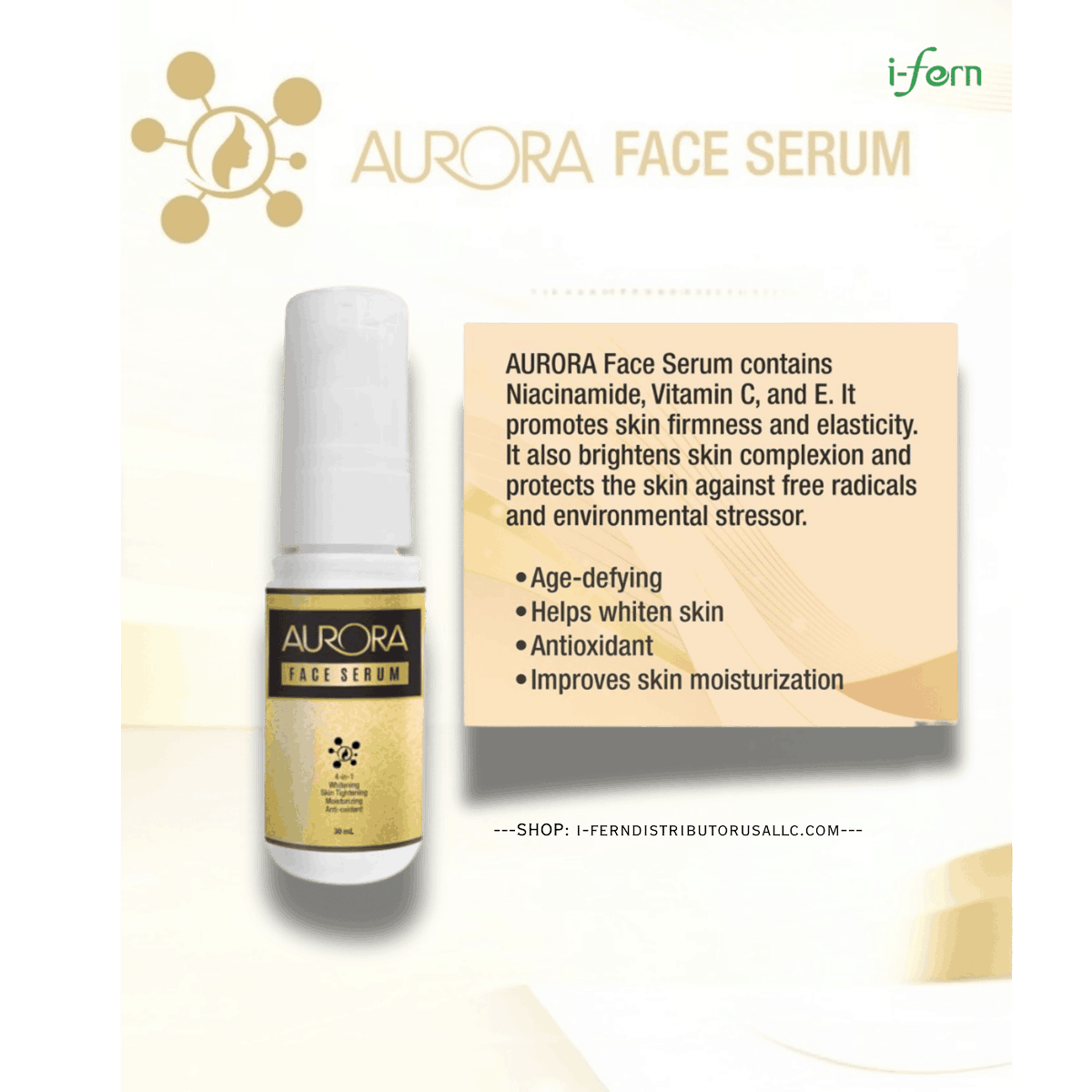 ifern_llc2024's tweet image. Transform your skincare routine with Aurora 4-in-1 Face Serum for only $27.99! Experience hydration, brightening, and anti-aging benefits in one powerful formula. #SkincareEssentials #BeautyInnovation

Shop Now i-ferndistributorusallc.com/products/auror…