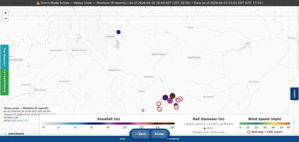 WxMatt2's tweet image. Snowfall reports ongoing across the Northern Rockies.
🌨️ 16" snowfall reported in Gallatin, MT.
Ongoing snow in the region.
Live snowfall map:
wxmap.io/maps/trending?…

#snow #winterstorm #wx #mtwx
