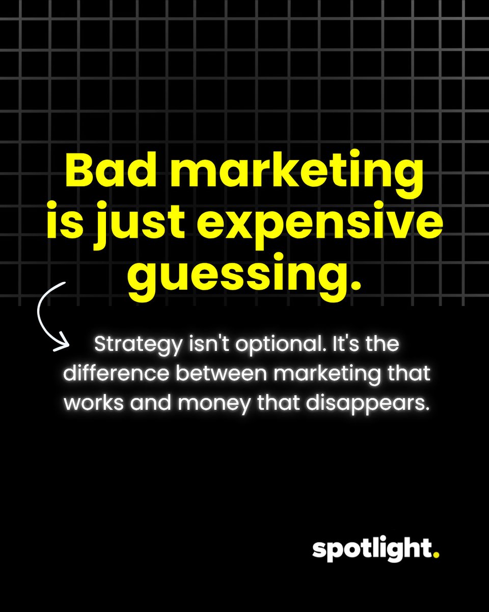 SpotlightFargo's tweet photo. Bad marketing is just expensive guessing.

Strategy isn't optional. It's what separates marketing that works from money that disappears.

Spotlight Media | https://t.co/VJyrtUdXjQ https://t.co/QZK4KUbn4a