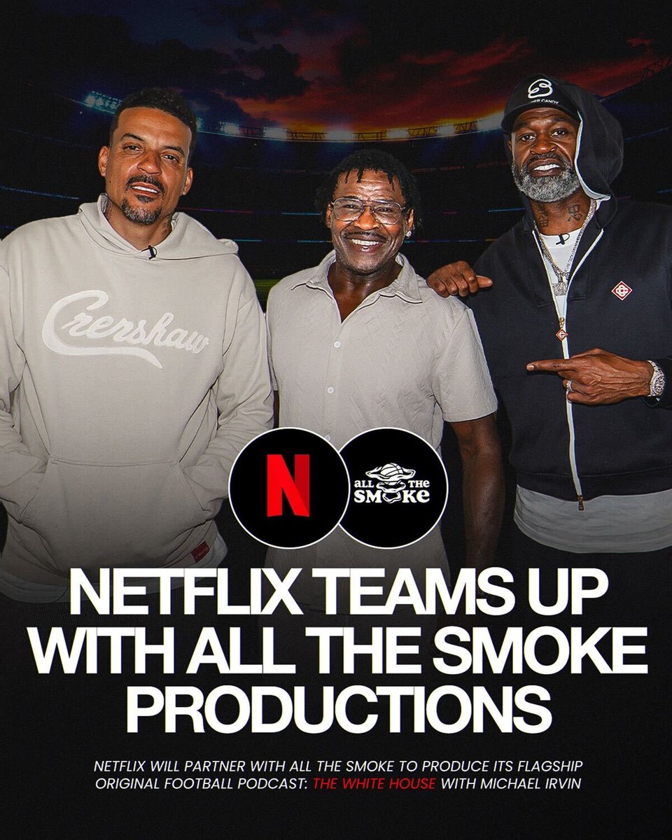 allthesmokeprod's tweet photo. ALL THE SMOKE takes on the gridiron 🏈💨

All The Smoke Productions has partnered with Netflix on Michael Irvin’s "The White House."

Real stories. Same smoke. New lane. Stay tuned 👀 https://t.co/Sdxgi7F08i