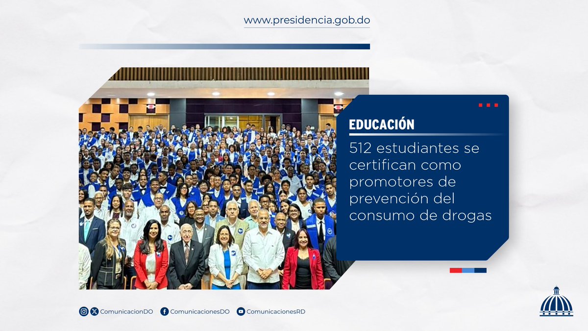 Comunicaciondo's tweet image. El Consejo Nacional de Drogas (@ConsejoDrogasRD) certificó a 512 estudiantes como promotores de prevención del consumo de drogas, tras formación del Deprei.

Más información 👉🏼 presidencia.gob.do/noticias/certi…

#Educación #ComunicacionesDO