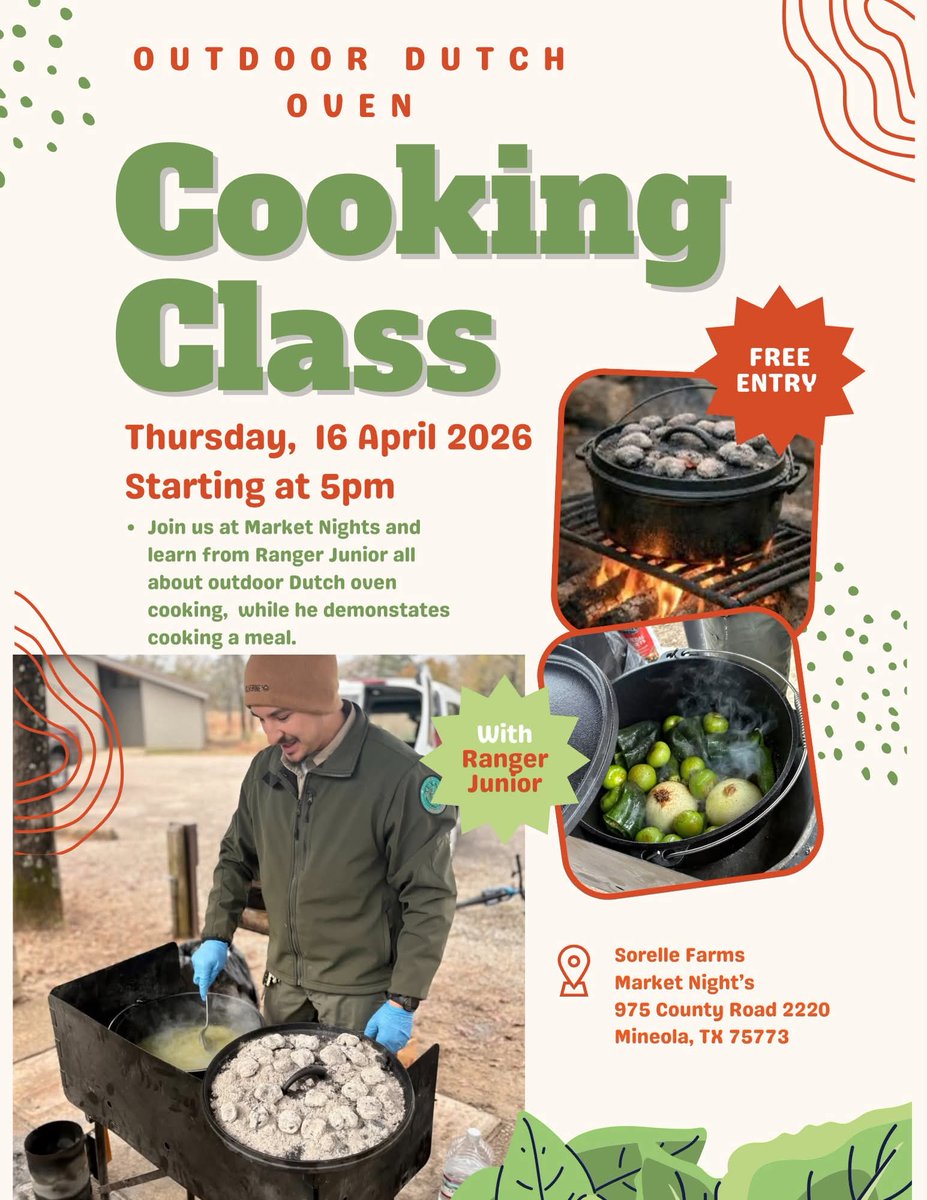 LoveWoodCounty's tweet image. Bob Wells Nursery at Sorelle Farms is hosting a special market with Ranger Junior from Tyler State Park teaching a Dutch oven cooking class. If you are wanting to learn how to cook outdoors this is a great class to start with! 

#CookingClass
#MineolaTX
#LoveWoodCounty