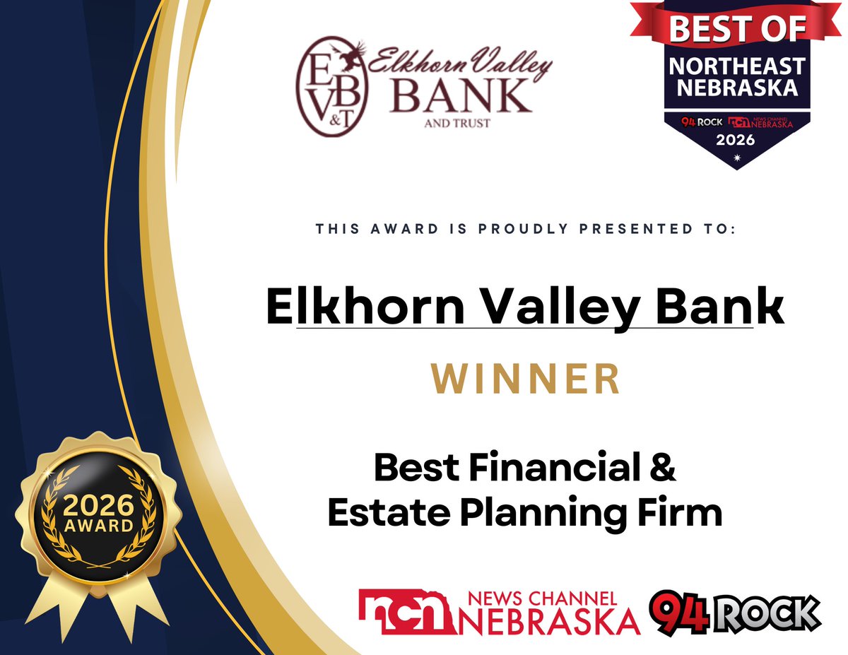 EVBankandTrust's tweet image. EVB is named Best Bank &amp;amp; Best Financial and Estate Planning Firm in the Best of Northeast Nebraska Awards! We’re grateful to our customers and communities for their continued trust and support. 

#MakingaDifference | Member FDIC