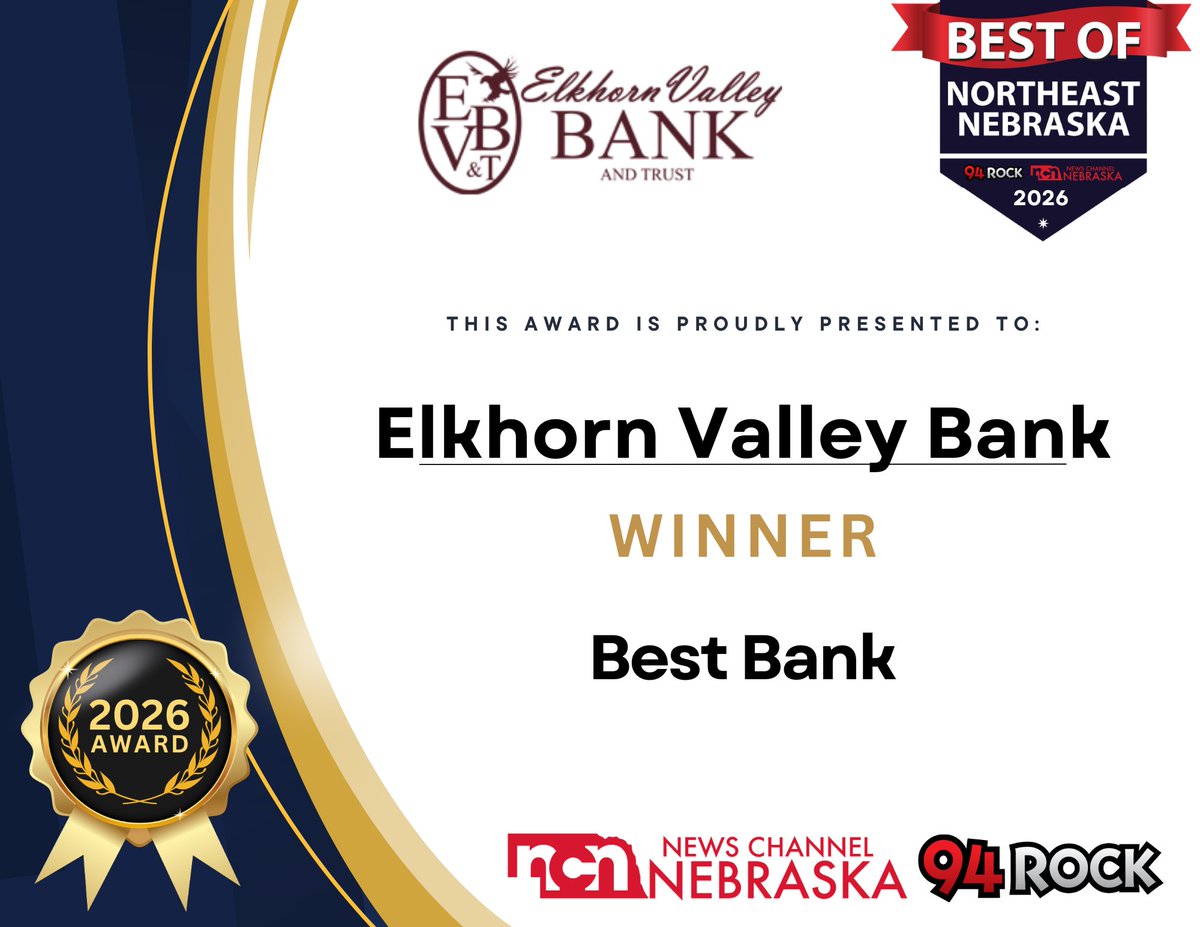 EVBankandTrust's tweet image. EVB is named Best Bank &amp;amp; Best Financial and Estate Planning Firm in the Best of Northeast Nebraska Awards! We’re grateful to our customers and communities for their continued trust and support. 

#MakingaDifference | Member FDIC
