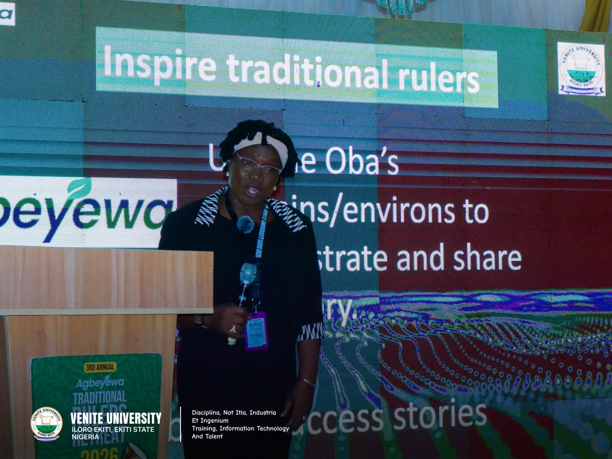VeniteUni_NG's tweet photo. VENITE UNIVERSITY VC URGES EKITI TRADITIONAL RULERS TO SUPPORT AGBEYEWA’S AGRICULTURAL DRIVE

The Vice-Chancellor of Venite University, Iloro-Ekiti, Professor Charity Onye Aremu, has called on traditional rulers in Ekiti State to support the expansion of Agbeyewa’s agricultural initiative as part of efforts to drive economic transformation in Nigeria.

She made this appeal on Wednesday, April 15, 2026, at the 3rd Annual Agbeyewa Traditional Rulers Retreat held at Ikogosi Warm Springs Resort and Conference Center.

Speaking at the event, Professor Aremu highlighted that Agbeyewa’s core mission is to build healthy and thriving communities through sustainable agro-allied investments, stressing that collaboration is vital for meaningful transformation.

She emphasised the need for a mindset shift, noting that “perspective defines what you see,” and that such change is essential to move from mere production to value addition, where farm produce becomes finished products of greater economic value.

Describing Agbeyewa as a leading Agripreneurial initiative, she said its products should be in every household in Ekiti State, achievable with the support of traditional rulers who are key to grassroots mobilisation. She also stressed increased food production, citing John Dewey that “food brings happiness,” and added that Agbeyewa aims to restore prosperity and well-being among Nigerians, starting from Ekiti State.

Professor Aremu further charged that individuals and communities have “two choices” ; to accept unfavourable conditions or take responsibility to create positive change, commending Agbeyewa for choosing transformation.

Also speaking at the event, the Ooni of Ife, Oba Adeyeye Enitan Ogunwusi, the Royal Father of the Day, praised Agbeyewa and its Chairman, Niyi John Olajide, noting that Olajide has established over 500 companies in the United States and is replicating similar success in Nigeria.

The monarch described Agbeyewa as the largest cassava farm in the world and Nigeria’s biggest cassava farm reserve, highlighting its potential to boost food security and employment.

In her concluding remarks, the Vice-Chancellor reiterated that combating poverty requires agricultural entrepreneurship, urging agripreneurs to act as intermediaries between corporate organisations and rural farmers through corporate social responsibility in collaboration with traditional rulers and community leaders.

The retreat brought together key stakeholders in agriculture, academics, and traditional institutions, reinforcing the role of partnership in advancing Nigeria’s agricultural sector.