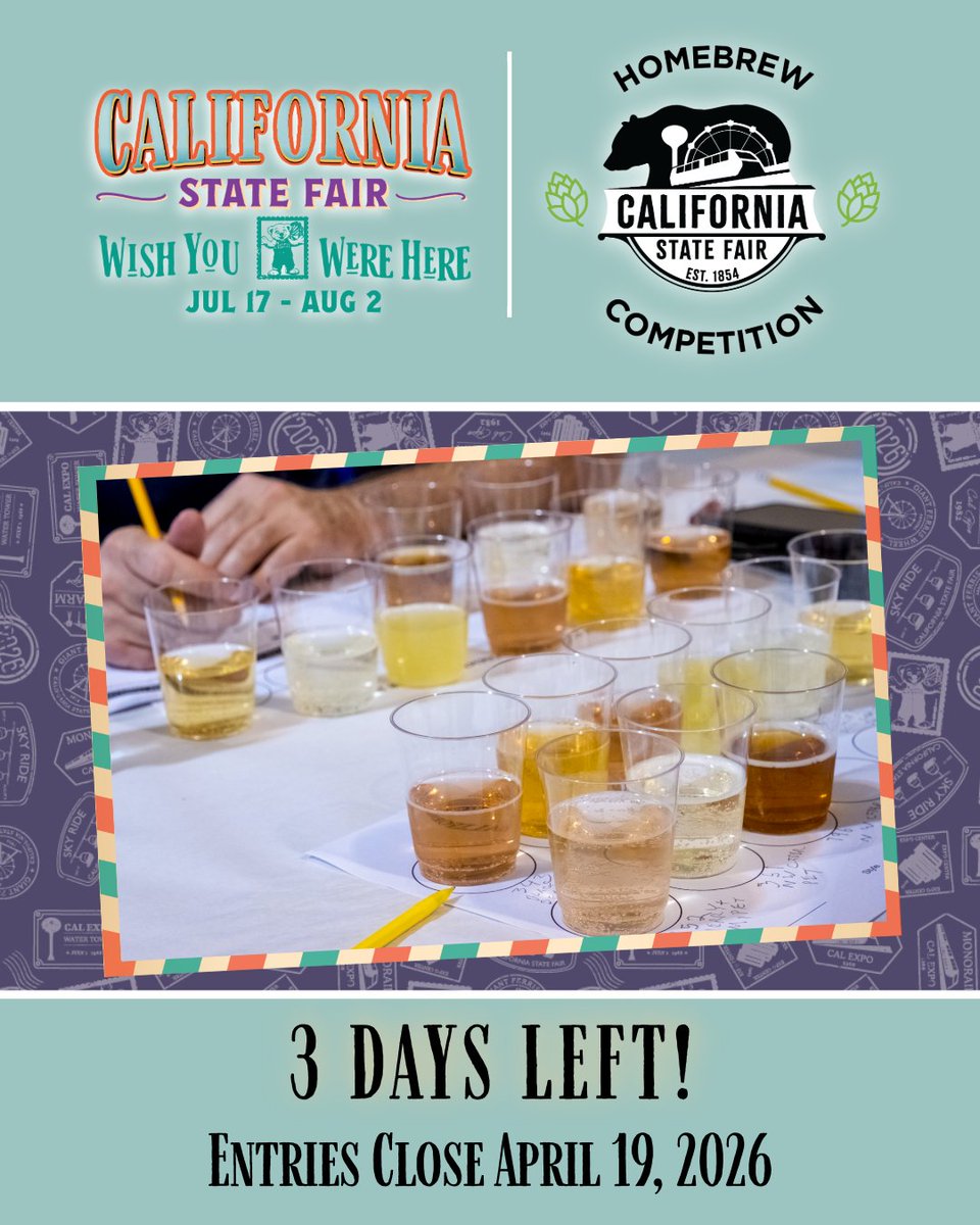 CAStateFair's tweet photo. 🚨 3 DAYS LEFT 🚨

Last call, brew crew! This is your moment to shine! Entries for the 2026 #CAStateFair Homebrew Competition close April 19, don’t miss out! 🍻🔥

Enter now: https://t.co/mtQ6CeQEva https://t.co/CtGZfkURes