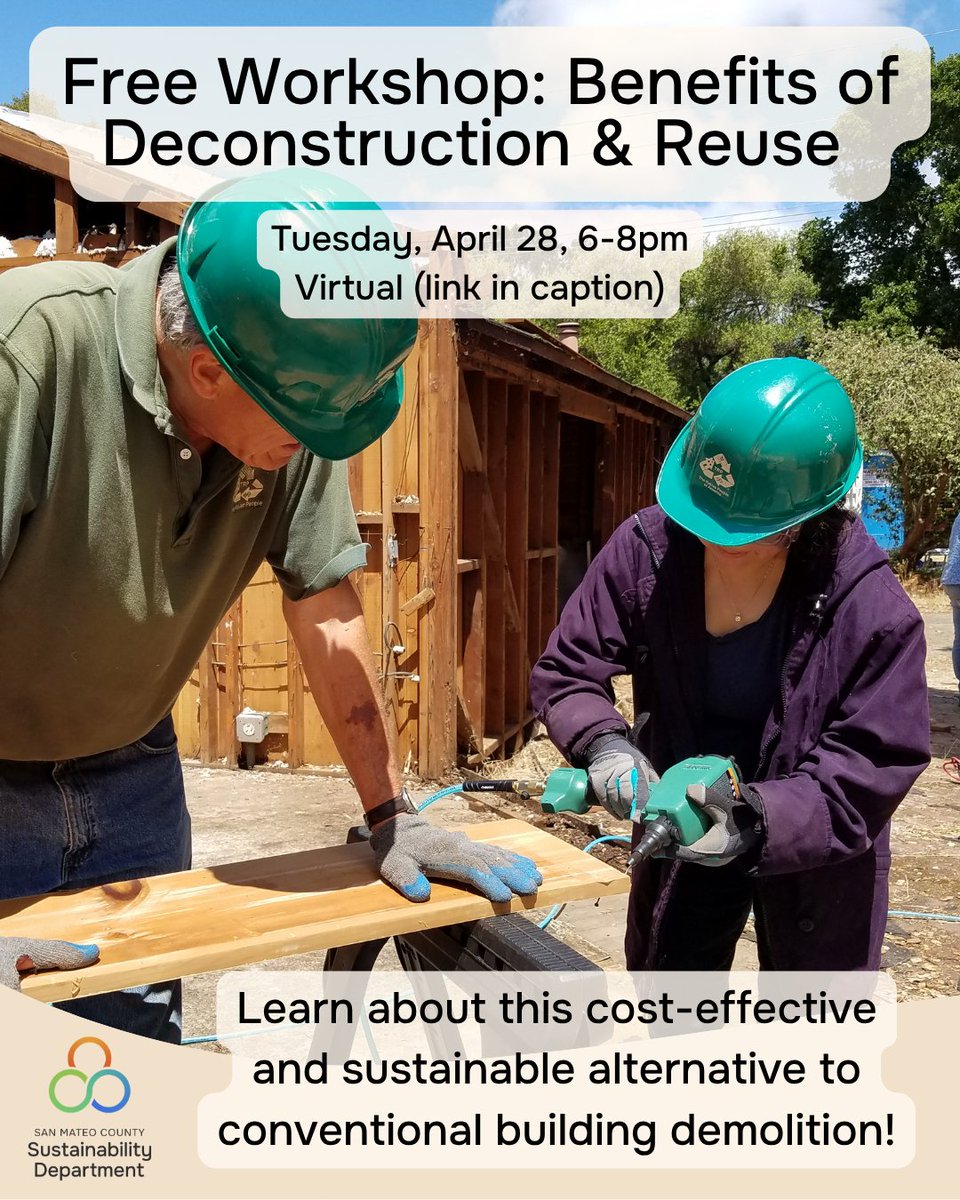 SustainSMC's tweet image. The Sustainability Department is offering free deconstruction trainings from GreenLynx.

This overview training is for the general public, homeowners, designers, contractors, architects, and anyone interested in learning how to reuse building materials!  

#Deconstruction