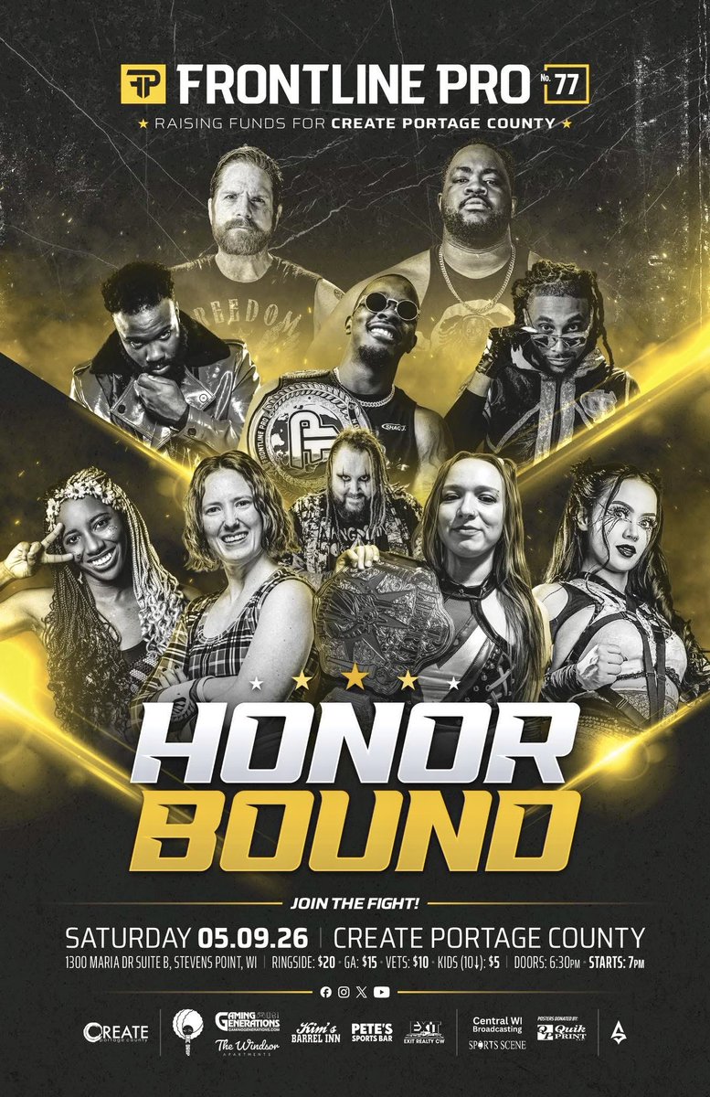 FrontlineProWI's tweet photo. It’s the Spring finale before summer break & our marquee event!
#FrontlinePro presents #HonorBound
🗓️ SATURDAY 05.09.26
📍 #CREATEPortageCounty Event Center | STEVENS POINT, WI
🎟️ RINGSIDE $20
GA $15 / Military Veterans $10 / Kids 10&u $5
#JoinTheFight https://t.co/3rhh1ov8gL