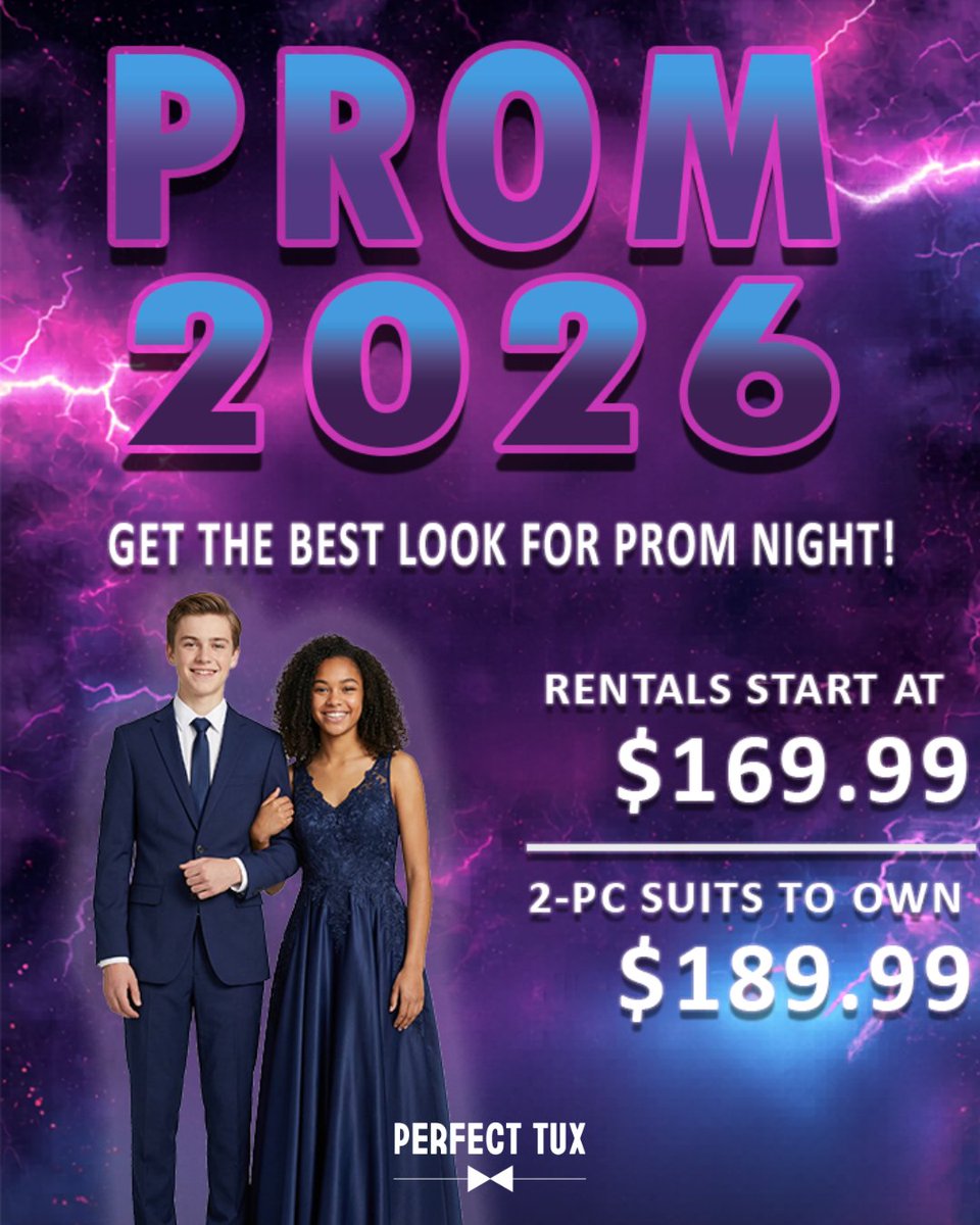 PerfectTux's tweet image. Prom just got an upgrade 🎉
We now offer in-store rentals — more styles, more fits, more options.
Rentals from $169.99
Own from $189.99 (2-piece suit)
📍 In-store only — come get fitted &amp;amp; find your perfect look.

#prom2026 #prom