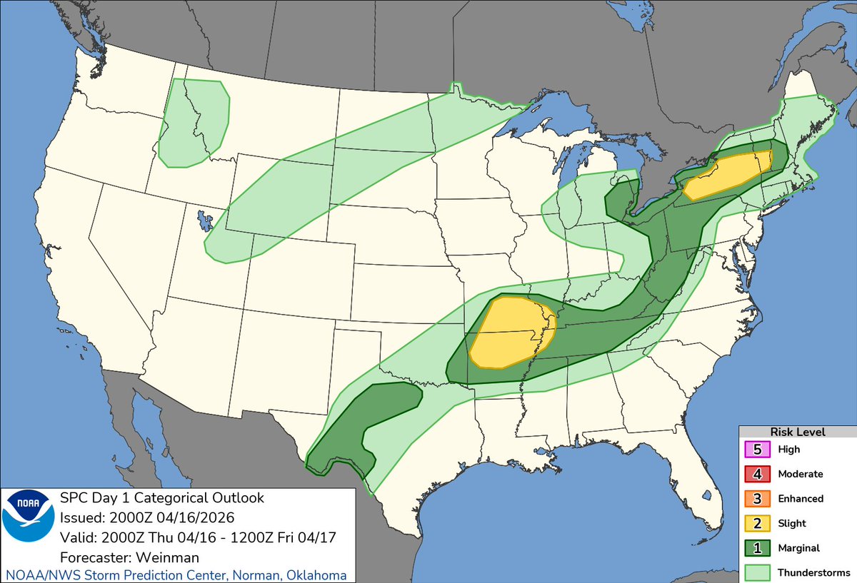 NWSSPC's tweet image. 3:02pm CDT #SPC Day1 Outlook Slight Risk: across New York into southern Vermont, and the Ozarks into the Mid-South spc.noaa.gov/products/outlo…