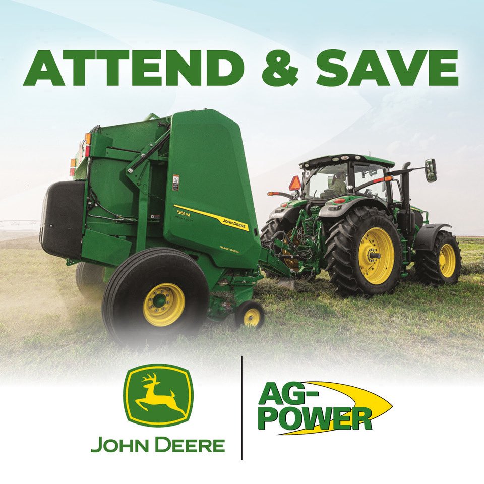 AGPOWER's tweet photo. Spring Showcase Antique Tractor Show this Saturday, April 18th from 9-1, in Higginsville.

Antique tractors, the latest hay baling technology, and Attend &amp; Save discounts on select John Deere equipment for attendees only.

Attend &amp; Save Details: https://t.co/cnCVNz7XwI https://t.co/vcrZafmkas