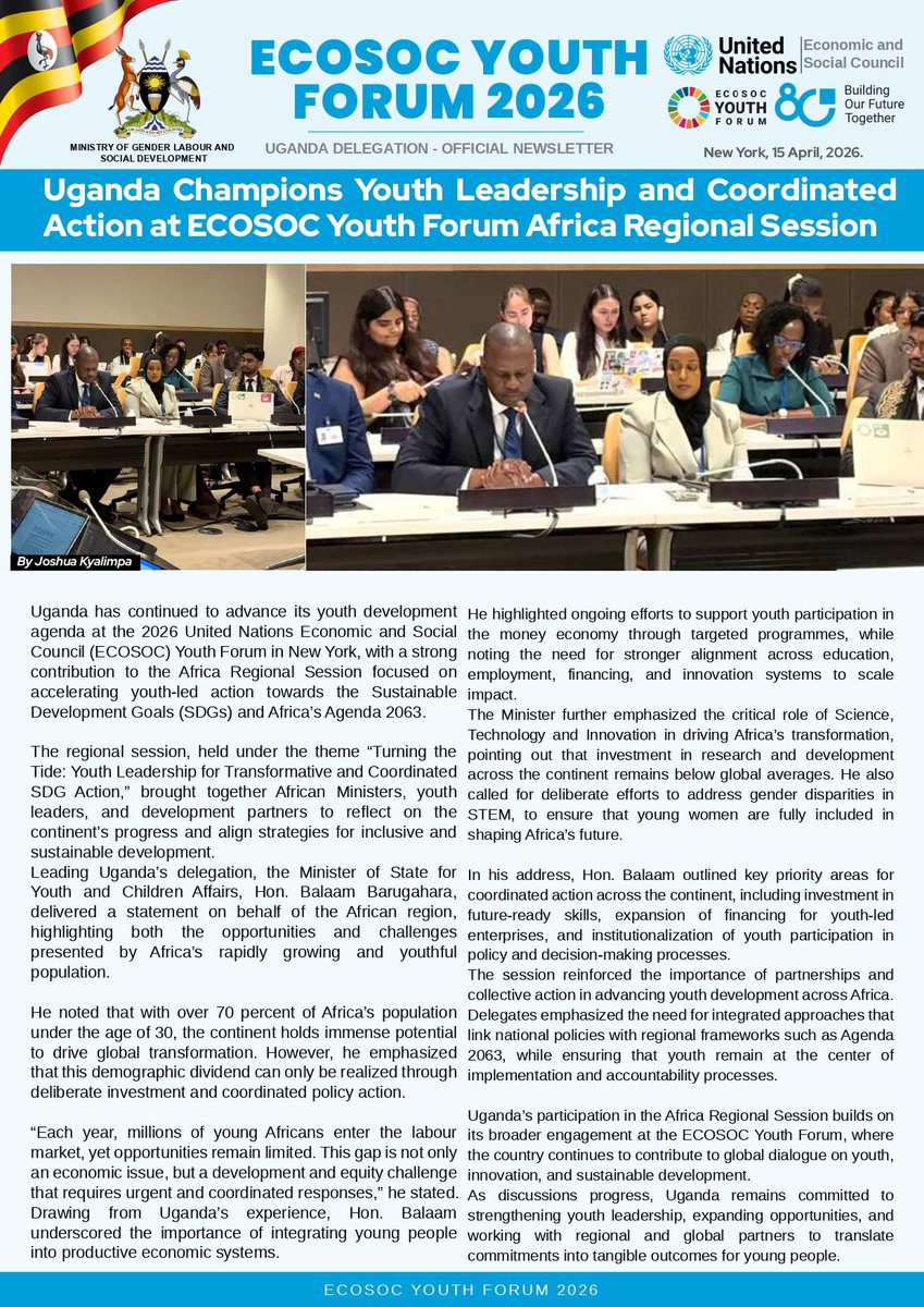 Mglsd_UG's tweet image. At the Africa Regional Session of the #ECOSOCYouthForum2026, Uganda emphasized youth as central to Africa’s transformation.
Hon. @BalaamBarugahar called for investment in skills, innovation, and youth-led enterprises to accelerate the #SDGs.

🔗 Full story: