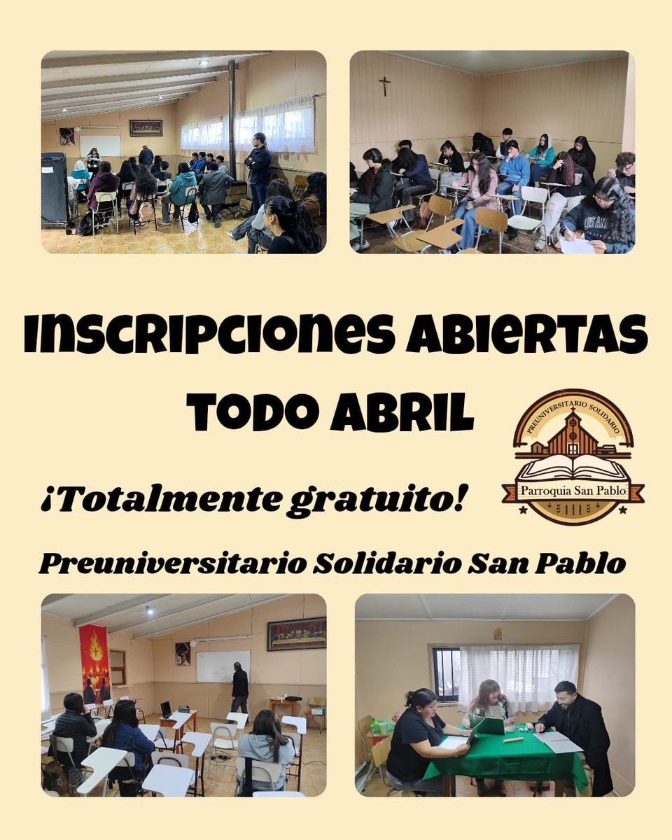 ✨ Desde el Obispado de #ValdiviaCL compartimos una buena noticia para nuestros jóvenes:

El pasado sábado 11 de abril dieron inicio las clases del Preuniversitario Solidario San Pablo, una valiosa instancia de apoyo.

📲 Para más información: +56 9 7679 1659 (Marta)