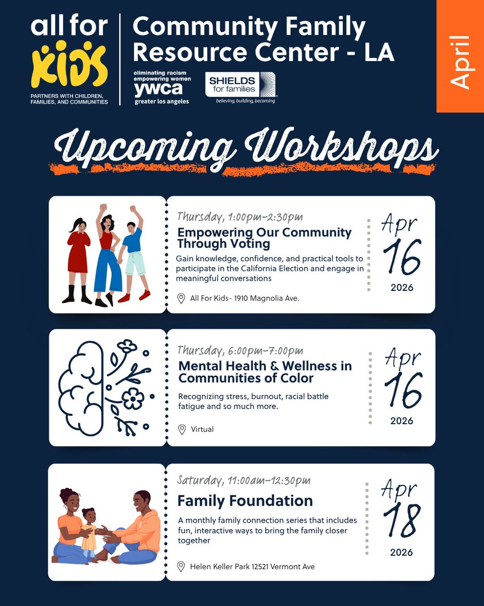 AllForKidsCa's tweet image. Join us at our CFRC workshops over the next two weeks to learn, connect, and build skills for strong, healthy families—everyone is welcome! #safetogrow #allforkids #workshops #losangeles