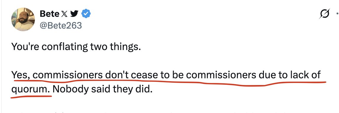 You keep conflating a commissioner's power to act w the quorum requirements for a meeting. As per ur concession: a commissioner retains their authority &amp; can act even absent a quorum, which dispenses of this claim that has NO basis in the ACT: "Lawful meeting requires quorum."