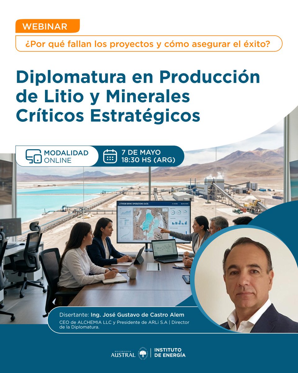 IEAustral's tweet photo. Te invitamos a participar de nuestro próximo Webinar en el marco de la Diplomatura en Producción de Litio y Minerales Críticos Estratégicos `26

📅 Mar 5 de mayo
🕡 18:30 h
📍https://t.co/QGl2qpPMyu

Oportunidad para conocer las tendencias del sector y la propuesta  del programa. https://t.co/GqfBpbB3AV