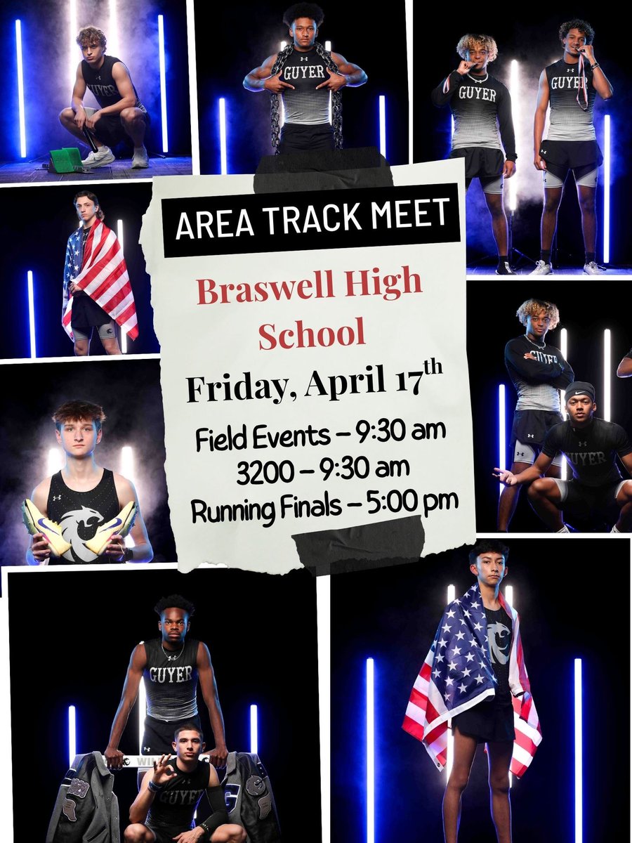 GuyerBoysTrack's tweet photo. Area Track Meet tomorrow @ Braswell. Wish all our guys good luck. Top 4 will qualify for Regionals at UTA in 2 weeks. 
@Guyer_Cross @DentonGuyer_FB @Guyer_Soccer @DentonISDSports @GHS_Wildcats https://t.co/3dEEXHpmZk