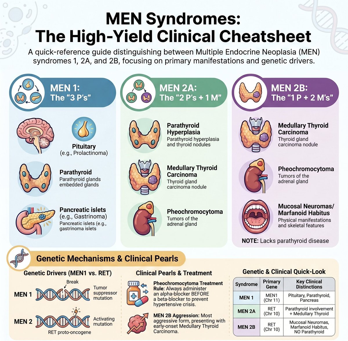 MedicoNotes's tweet photo. 🧬 MEN Syndromes — Distinguish Them in 60 Seconds

⸻

1️⃣ MEN 1 — Wermer Syndrome

The “3 Ps”
🔸 Pituitary Tumour → e.g., Prolactinoma
🔸 Parathyroid Hyperplasia → most common initial presentation → hypercalcaemia
🔸 Pancreatic Islet Cell Tumours → Gastrinoma (Zollinger–Ellison) + Insulinoma
🧬 Gene: MEN1 (Chromosome 11) → Tumour suppressor mutation

⸻

2️⃣ MEN 2A — Sipple Syndrome

The “2 Ps + 1 M”
🔸 Parathyroid Hyperplasia → hypercalcaemia
🔸 Phaeochromocytoma → adrenal gland tumour
🔸 Medullary Thyroid Carcinoma (MTC)
🧬 Gene: RET proto-oncogene (Chromosome 10) → Activating mutation

⸻

3️⃣ MEN 2B — Mucosal & Marfanoid

The “1 P + 2 Ms”
🔸 Phaeochromocytoma
🔸 Medullary Thyroid Carcinoma → most aggressive form, early onset
🔸 Mucosal Neuromas + Marfanoid Habitus
⚠️ NO parathyroid disease — key distinguishing feature!
🧬 Gene: RET proto-oncogene (Chromosome 10) → Activating mutation

⸻

4️⃣ The Master Comparison

➊ MEN 1 → Pituitary + Parathyroid + Pancreas (MEN1 gene, Chr 11)
➋ MEN 2A → MTC + Pheo + Parathyroid (RET gene, Chr 10)
➌ MEN 2B → MTC + Pheo + Neuromas/Marfanoid — NO parathyroid (RET gene, Chr 10)

⸻

🧩 Exam Pearls
🔹 MEN 2B is the MOST aggressive — presents earliest with MTC
🔹 Phaeochromocytoma rule → ALWAYS give alpha-blocker BEFORE beta-blocker to prevent hypertensive crisis
🔹 MEN 1 vs MEN 2 genetics → Tumour suppressor (MEN1) vs Activating oncogene (RET)
🔹 Hypercalcaemia in MEN → think Parathyroid (MEN 1 and 2A only — NOT 2B)

⸻

📚 Master MEN syndromes and all of endocrinology in our high-yield endocrinology book:

🔗 https://t.co/2UQyCbb6in

⸻
#MENSyndrome #usmle #Endocrinology #MedicalEducation #doctor