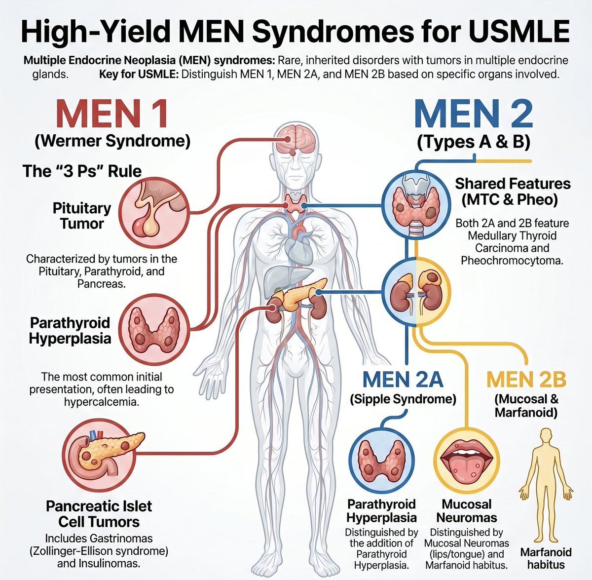 MedicoNotes's tweet photo. 🧬 MEN Syndromes — Distinguish Them in 60 Seconds

⸻

1️⃣ MEN 1 — Wermer Syndrome

The “3 Ps”
🔸 Pituitary Tumour → e.g., Prolactinoma
🔸 Parathyroid Hyperplasia → most common initial presentation → hypercalcaemia
🔸 Pancreatic Islet Cell Tumours → Gastrinoma (Zollinger–Ellison) + Insulinoma
🧬 Gene: MEN1 (Chromosome 11) → Tumour suppressor mutation

⸻

2️⃣ MEN 2A — Sipple Syndrome

The “2 Ps + 1 M”
🔸 Parathyroid Hyperplasia → hypercalcaemia
🔸 Phaeochromocytoma → adrenal gland tumour
🔸 Medullary Thyroid Carcinoma (MTC)
🧬 Gene: RET proto-oncogene (Chromosome 10) → Activating mutation

⸻

3️⃣ MEN 2B — Mucosal & Marfanoid

The “1 P + 2 Ms”
🔸 Phaeochromocytoma
🔸 Medullary Thyroid Carcinoma → most aggressive form, early onset
🔸 Mucosal Neuromas + Marfanoid Habitus
⚠️ NO parathyroid disease — key distinguishing feature!
🧬 Gene: RET proto-oncogene (Chromosome 10) → Activating mutation

⸻

4️⃣ The Master Comparison

➊ MEN 1 → Pituitary + Parathyroid + Pancreas (MEN1 gene, Chr 11)
➋ MEN 2A → MTC + Pheo + Parathyroid (RET gene, Chr 10)
➌ MEN 2B → MTC + Pheo + Neuromas/Marfanoid — NO parathyroid (RET gene, Chr 10)

⸻

🧩 Exam Pearls
🔹 MEN 2B is the MOST aggressive — presents earliest with MTC
🔹 Phaeochromocytoma rule → ALWAYS give alpha-blocker BEFORE beta-blocker to prevent hypertensive crisis
🔹 MEN 1 vs MEN 2 genetics → Tumour suppressor (MEN1) vs Activating oncogene (RET)
🔹 Hypercalcaemia in MEN → think Parathyroid (MEN 1 and 2A only — NOT 2B)

⸻

📚 Master MEN syndromes and all of endocrinology in our high-yield endocrinology book:

🔗 https://t.co/2UQyCbb6in

⸻
#MENSyndrome #usmle #Endocrinology #MedicalEducation #doctor
